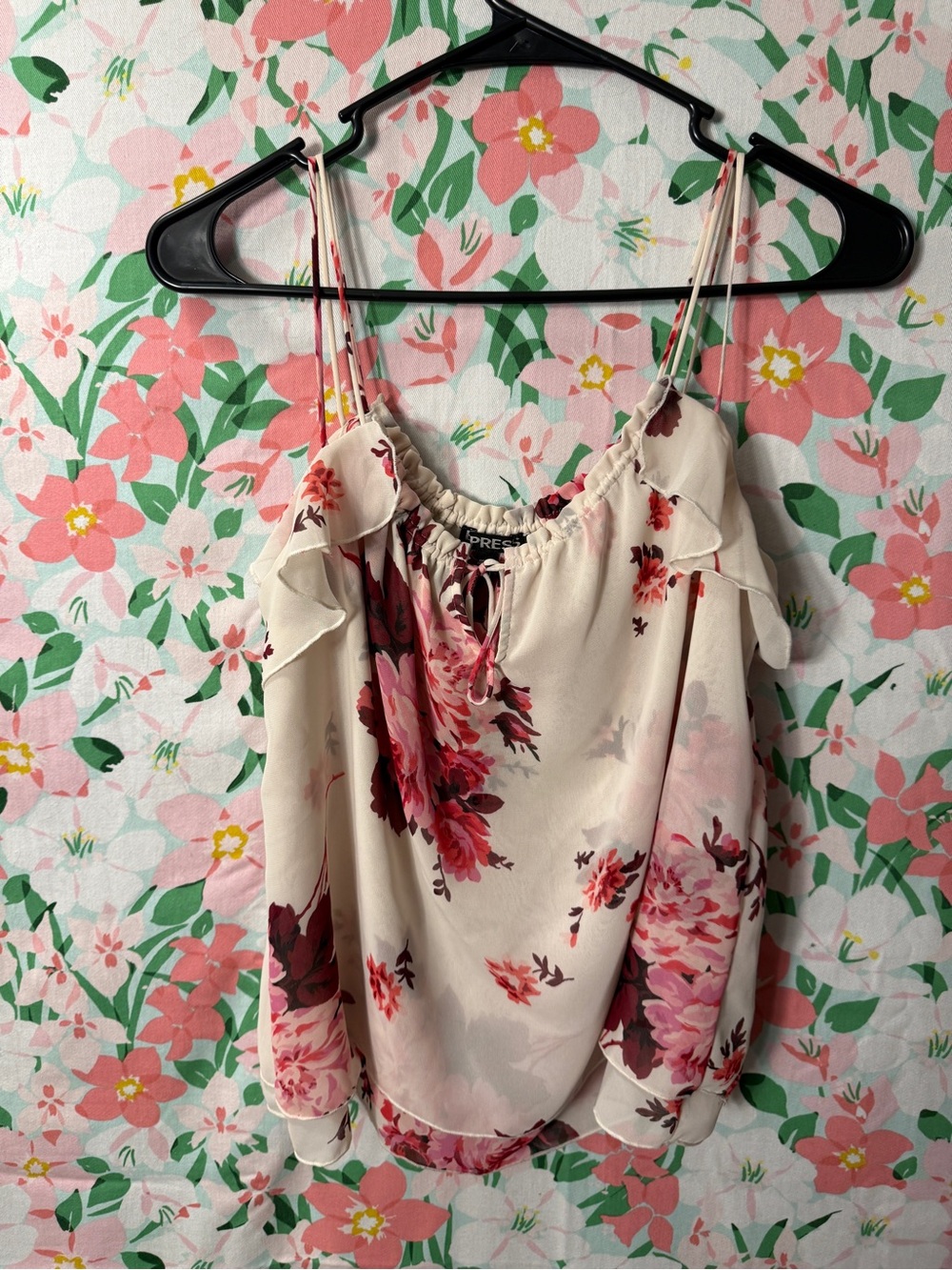 Express Cream Floral Cold-Shoulder Cami with Pink & Red Blooms
